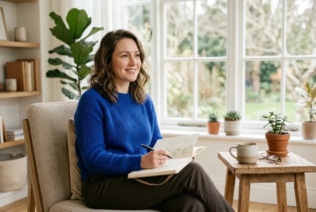 Coachin in blauem Pullover sitzt mit Notizbuch in einem hellen Studio