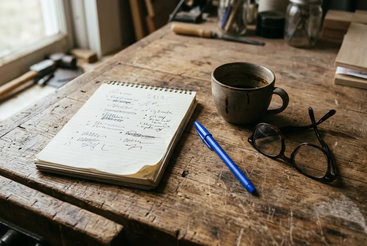 Notizblock mit handschriftlichen Stichpunkten, Kaffeetasse und blauer Kugelschreiber auf einer Werkbank