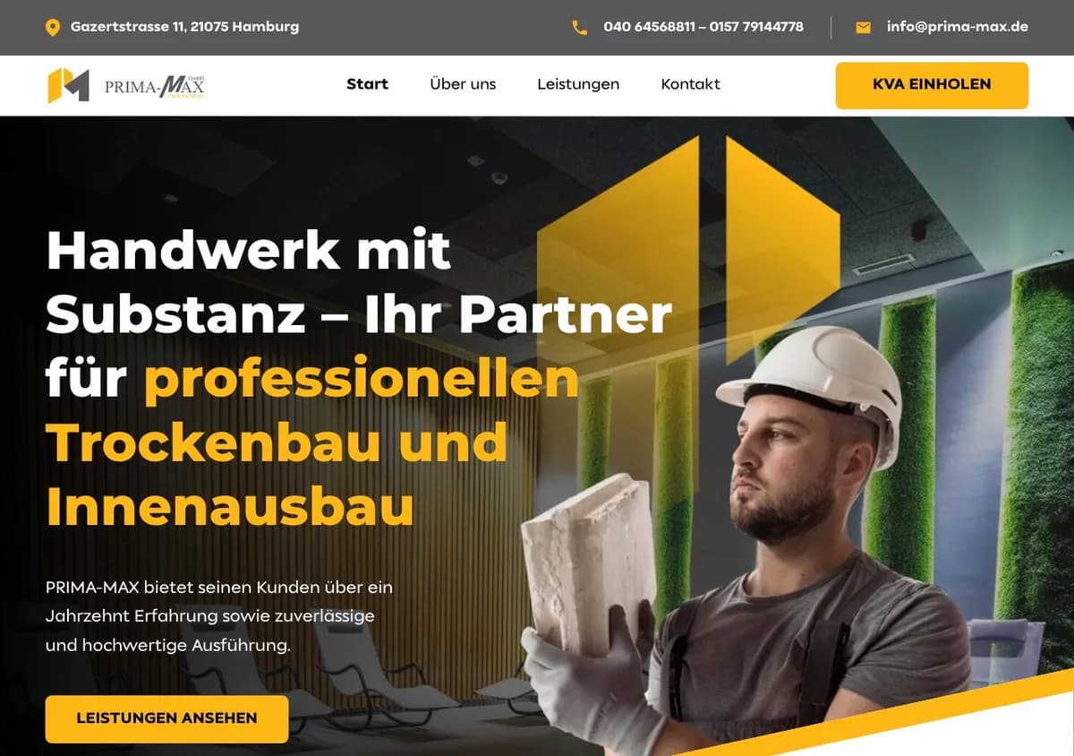 Startseite der Prima-Max GmbH mit Handwerker im Schutzhelm