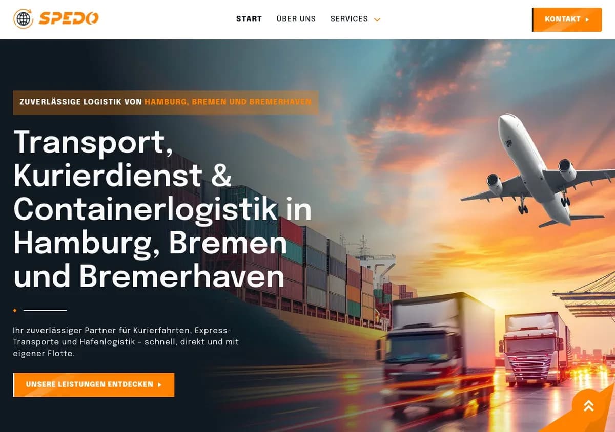 Startseite der SPEDO GmbH mit Lkw und Containerhafen